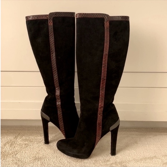 Fendi Black Suede Knee High Boots Brown Lizard Trim Platform High Heel 40 - Picture 4 of 10